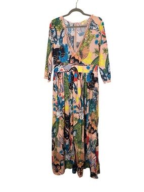 DX Collection Italy Multicolor Abstract Wildlife Scene V-Neck Maxi Dress sz M